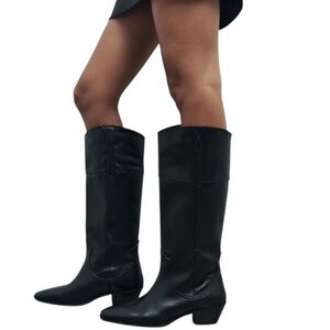 Zara Leather Cowboy Boots Knee High Black Stacked Heel Western Women’s Size 6.5
